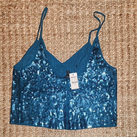 Express Blue Sequin Crop Camisole Top - Picture 3 of 3